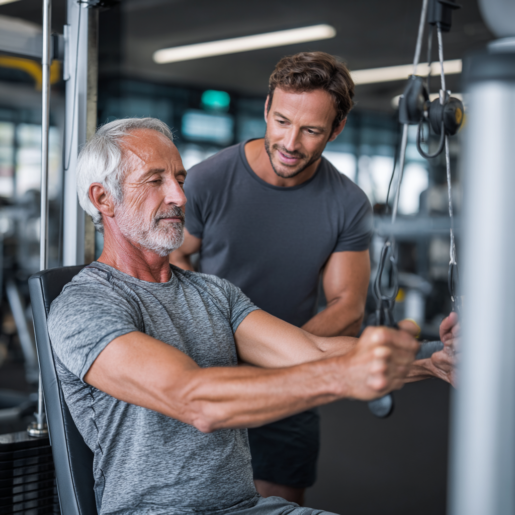Тренер 52 років демонструє правильну техніку вправ чоловіку 58 років у світлому залі з сучасним обладнанням