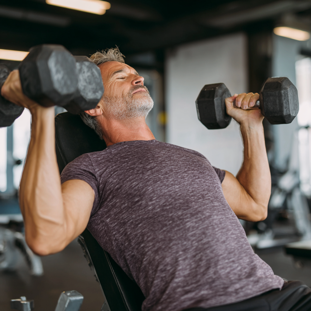 Чоловік 55 років виконує силові вправи з гантелями в сучасному спортзалі, демонструючи правильну техніку жиму